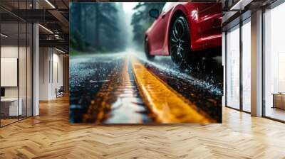 Red car with bright automotive lighting drives on wet asphalt road in the rain Wall mural