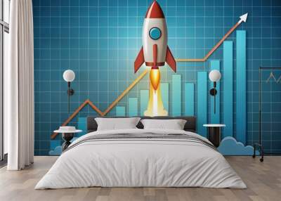 Rocket rising over financial growth chart illustrating upward trends and success. Generative AI Wall mural