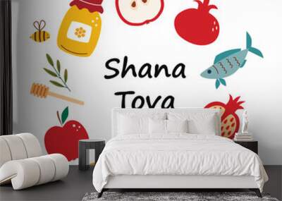 Rosh Hashanah greeting card design with hand drawing simbols of jewish new year apple, honey, shofar, fish and pomegranate. Vector illustration Wall mural