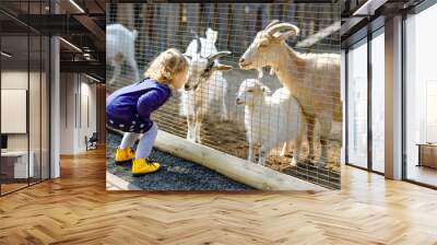 Adorable cute toddler girl feeding little goats and sheeps on a kids farm. Beautiful baby child petting animals in the zoo. Excited and happy girl on family weekend. Wall mural