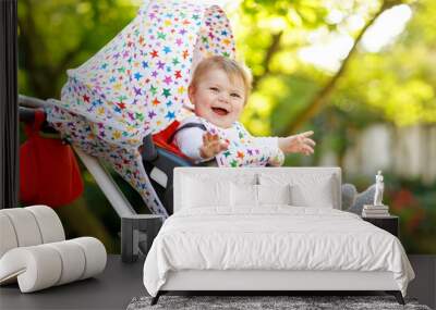 Cute little beautiful baby girl of 6 months sitting in the pram or stroller and waiting for mom Wall mural