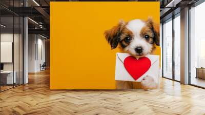 Cute little puppy dog with envelope with a red heart on pink background for Valentine's day or Mother's day or birthday card. Wall mural