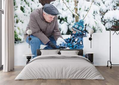 Grandfather and toddler boy  on winter day Wall mural