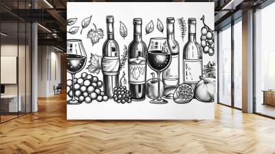 wine related art cute doodles black on white background illustration Wall mural