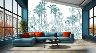 Seamless Border Animals in Tropical Forest with Banana Palms Blue on White background, Lithography Jungle Wallpaper Mural, Wildlife High End Back Drop Heron, Crane, Tiger, Leopard in Exotic Plants Wall mural