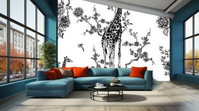 Seamless Pattern Outline Giraffe in Chinese Flowers, Chinoiserie Black and White Print Wildlife in Floral Trees, Hand Drawn Engraving Illustration on White Background Wall mural