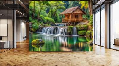 Serene landscape with a tranquil watermill by the calm river at sunset. Generative AI Wall mural