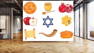 Set of hand drawing simbols of jewish new year apple, honey, shofar, Challah bread, fish and pomegranate. Vector illustration for Rosh Hashanah Wall mural