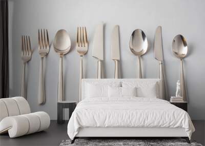 Set of silver cutlery on a plain background for table setting and dining concepts Wall mural