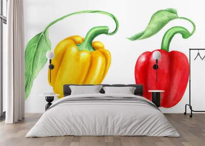 Set of two yellow and red bell peppers with green leaves isolated on a white background watercolor illustration suitable for food design Wall mural