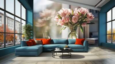 A beautiful bouquet of fresh spring flowers in a glass vase in the warm rays of the sun against the background of a window in a cozy home interior. Decorating the living room with blooming flowers Wall mural