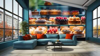 Assortment of cakes on a glass showcase of a pastry bakery. Sweet delicious fresh baked goods Wall mural