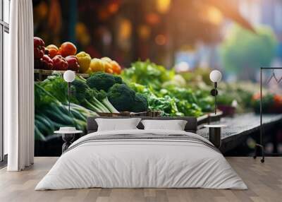 Bright fresh vegetables and fruits on the counter of a street vegetable market. Vegetarian diet ingredients and organic products for a healthy diet Wall mural