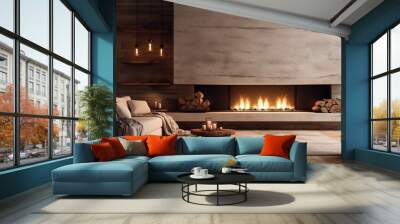 Cozy modern winter living room interior with a modern fireplace in a chalet. Design ai Wall mural