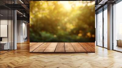 Empty wood table top and blurred view from green tree garden bokeh background. Product and food display Generative ai Wall mural