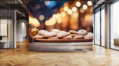 Gingerbread cookies on a wooden table against the background of the lights of the Christmas market. Design ai Wall mural