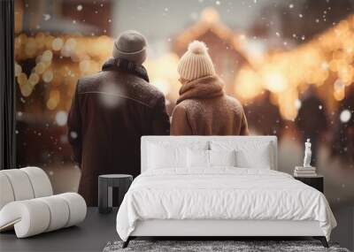 Happy two elderly people woman, man walking against the backdrop of christmas fair lights holding hands on the street, wearing coats. Design ai Wall mural