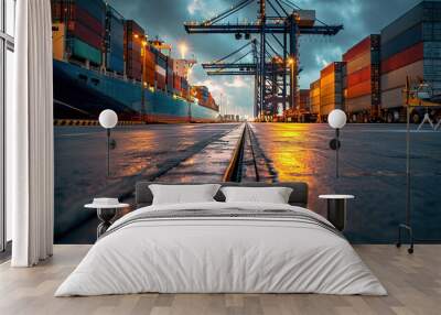 Maritime logistics international center. Cargo containers during unloading at an industrial port. Transport ships with cargo Wall mural