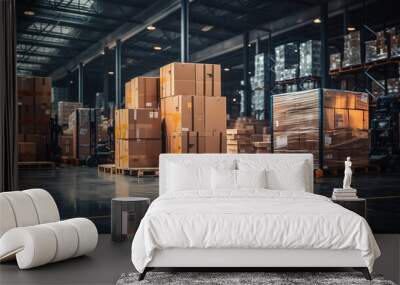 Retail warehouse full of shelves with goods in cartons, with pallets and forklifts. Logistics and transportation blurred background. Product distribution center.  Wall mural