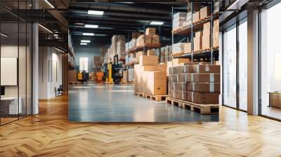 Retail warehouse full of shelves with goods in cartons, with pallets and forklifts. Logistics and transportation blurred background. Product distribution center.  Wall mural