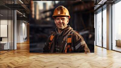 Smiling professional heavy industry worker in a protective uniform and hard hat. Dispersed large industrial plant. Wall mural