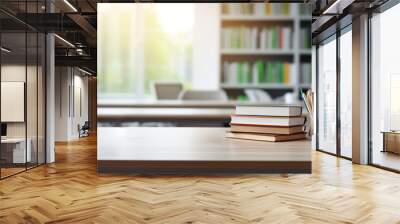 Stack of books and cantovars on wooden table and blurred bookshelf in library room, education, back to school. Generative AI Wall mural