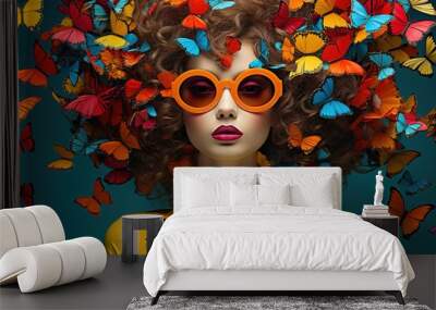 Surreal portrait of a woman with butterflies in her hair. Abstract photo in pop art collage style.  Wall mural