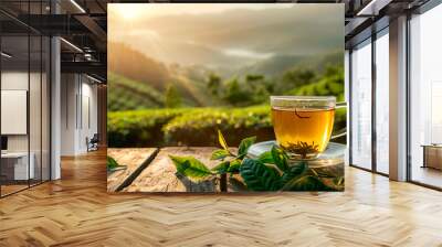 Tea cup with green tea leaf on the wooden table and the tea plantations background Wall mural