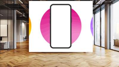 Mockup of a phone screen. Social media promotion. Advertising on a smartphone display. Device front view. 3D mobile phone. Cell phone. Green, orange, pink, purple and blue round frames. Wall mural