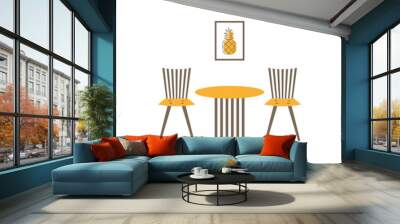 Interior flat bicolor icon with two chairs, table and poster with pineapple Wall mural