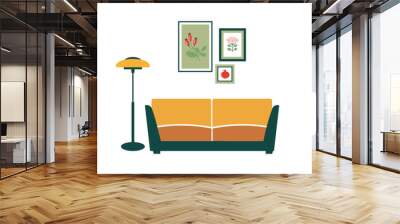 Living room with sofa, lamp and tree posters. Flat style vector furniture icon Wall mural