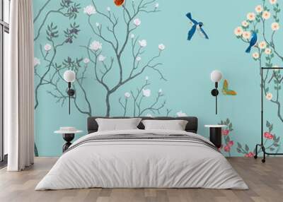 Exotic chinoiserie blue background, wallpaper, murals.Two couples of small birds sitting on the branches of the tree. A butterfly flies in the sky Wall mural