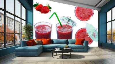 Strawberry red fresh squeezed juice in a transparent glass Cup on an isolated white background with strawberry berries Wall mural