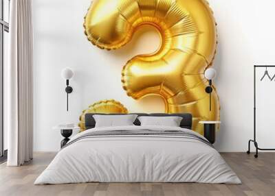 Shiny gold number three balloon against a clean white background for celebrations. Generative AI Wall mural