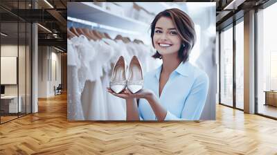 Shoe seller. Smiling female salesperson showing white elegant shoes in bridal salon-shop. Salesperson with stylish shoes in modern bridal clothing store Wall mural