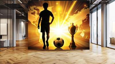 Silhouette of a young soccer player standing with a ball against a bright background. Generative AI Wall mural