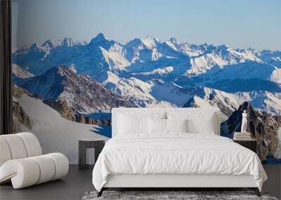 Ski resort  Chamonix Mont Blanc. The mountain is the highest in the alps and the European Union. Alpine mountains range landscape in beauty French, Italian and Swiss ALPS seen from Aiguille du Midi Wall mural