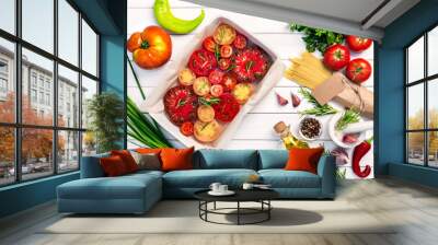 Fresh organic ingridients, pasta spaghetti of italian recipes. T Wall mural