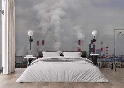 Industrial landscape with views of the roofs of houses and white puffs of steam from the pipes of a thermal power plant against a gray sky.  Wall mural