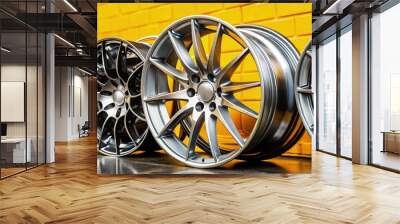 Standard scale of car rims displayed against a vibrant yellow wall. Generative AI Wall mural