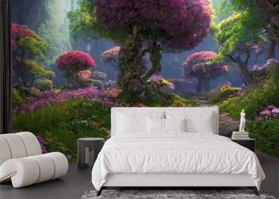 Stone path in a fantasy mystic forest. Soft light, mysterious haze. Fairytale wallpaper. 3D illustration. Wall mural