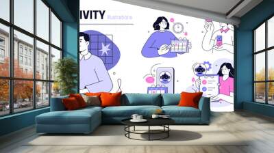 AI technology set. Characters use artificial intelligence, algorithms, generative tools to work with tasks, checklists, schedules and increase productivity. Vector illustration. Wall mural