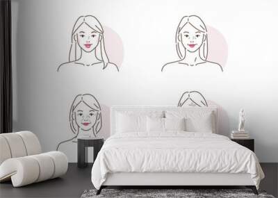 Beauty woman at different ages. How face and skin changing with ages. Young, middle aged and old woman portrait. Flat line vector illustration and icons set.  Wall mural