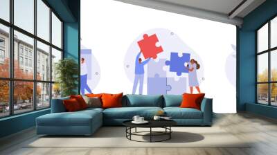 Business illustration set. Characters assembling jigsaw puzzle, moving chess figure, planning financial strategy to achieve business goals. Strategic management concept. Vector illustration. Wall mural