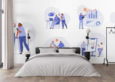 Business people illustration set. Characters working at home office and coworking space. People talking with colleagues. Vector illustration. Wall mural