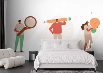 Casual people illustration set. Characters holding huge megaphone, pencil, light bulb and other objects symbolizing business ideas and activities. Marketing, Seo and FAQ concept. Vector illustration. Wall mural