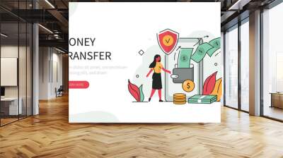 Character  Standing near Smartphone with Wallet, Sending and Receiving Money by Smartphone. Money Transfer and Payment Transaction in Online Banking Mobile App. Flat Cartoon Vector Illustration. Wall mural