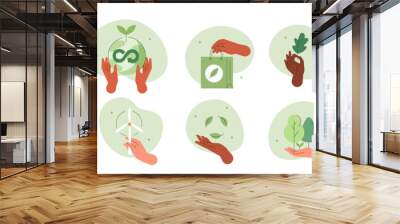 Climate change illustration set. Characters hands holding planet earth, power saving lamp and other objects as metaphor for green industry, forest conservation and sustainability. Vector illustration. Wall mural