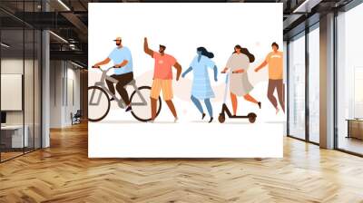 Diverse People Group Running and Jogging. Female and Male Characters Walking, Riding on Bike, Scooter and Standing Together. Young Generation Social Activists. Flat Cartoon Vector Illustration.
 Wall mural