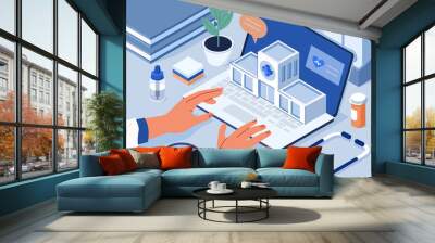 Doctors Hands typing on Laptop with Hospital Building on Screen. Stethoscope and Medicament Bottles lying around. Health Care Services and Online Medicine Concept. Flat Isometric Vector Illustration. Wall mural